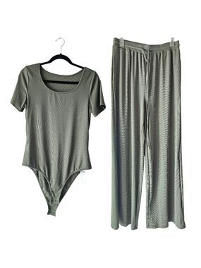 NWT LARGE Olive Ribbed Lounge Set Bodysuit + Wide Leg Pants Matching Set.